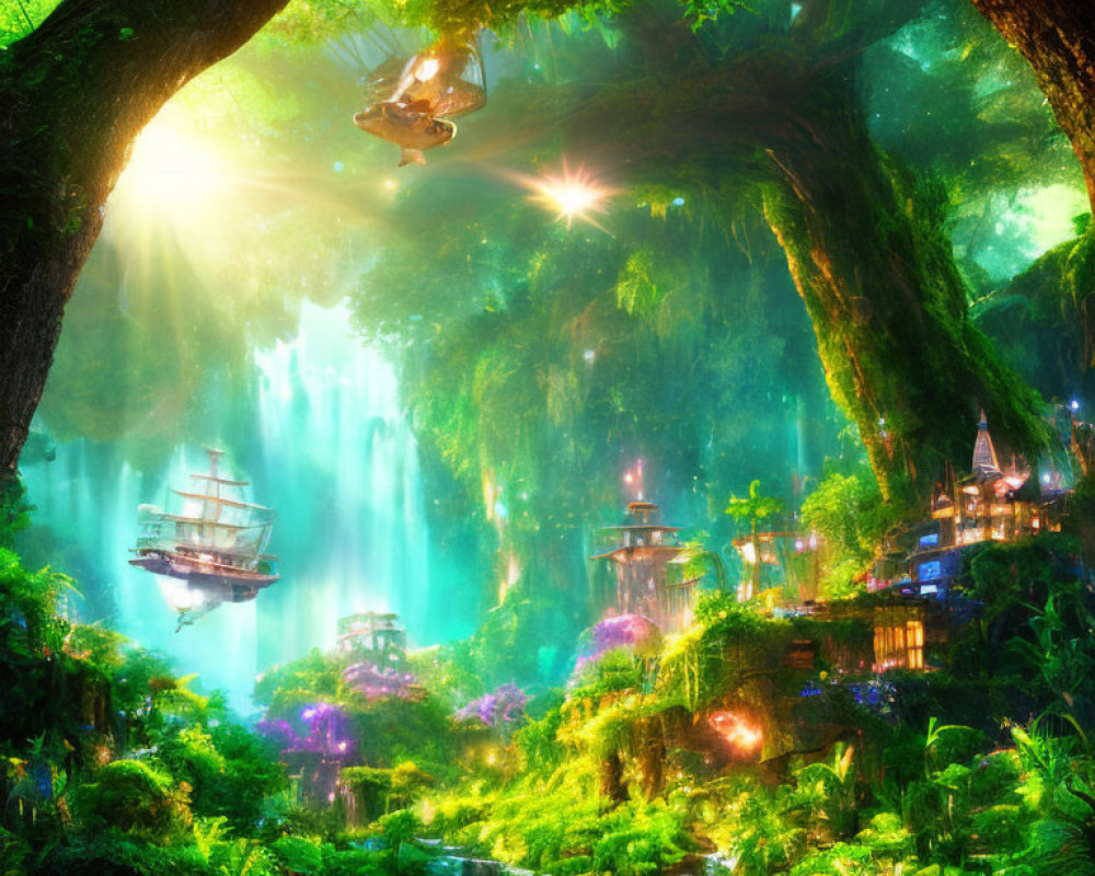 Enchanting fantasy forest with waterfalls, floating ship, and whimsical treehouses