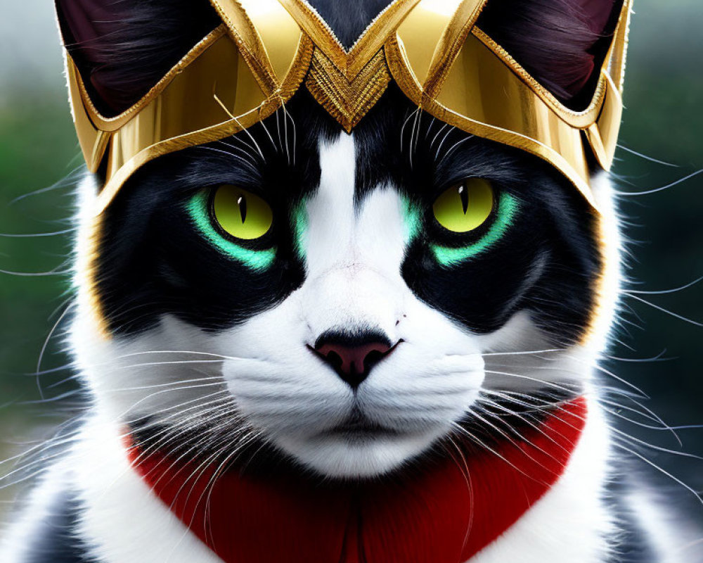 Black and White Cat with Green Eyes in Superhero Outfit on Green Background