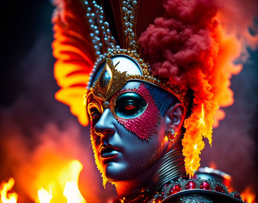 Colorful Ornate Costume with Dramatic Headdress in Blue, Red, and Orange