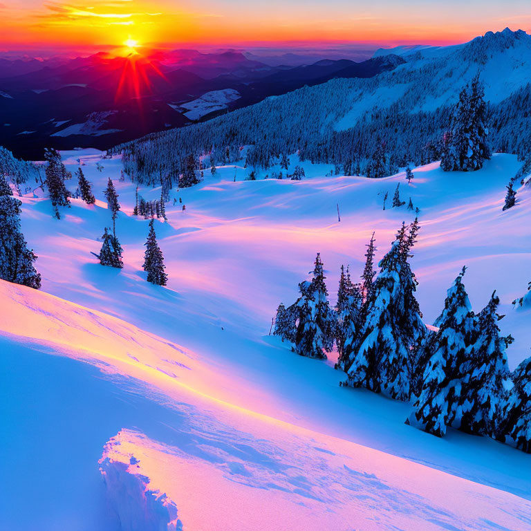 Snowy Landscape Sunset with Pink and Orange Hues