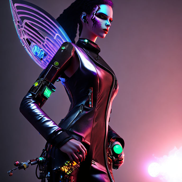 Cybernetic woman with glowing wing-like structure in futuristic setting