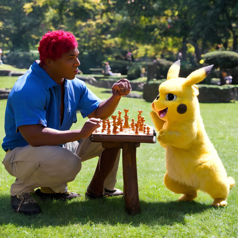 Red-Haired Person Playing Chess with Pikachu in Sunny Park