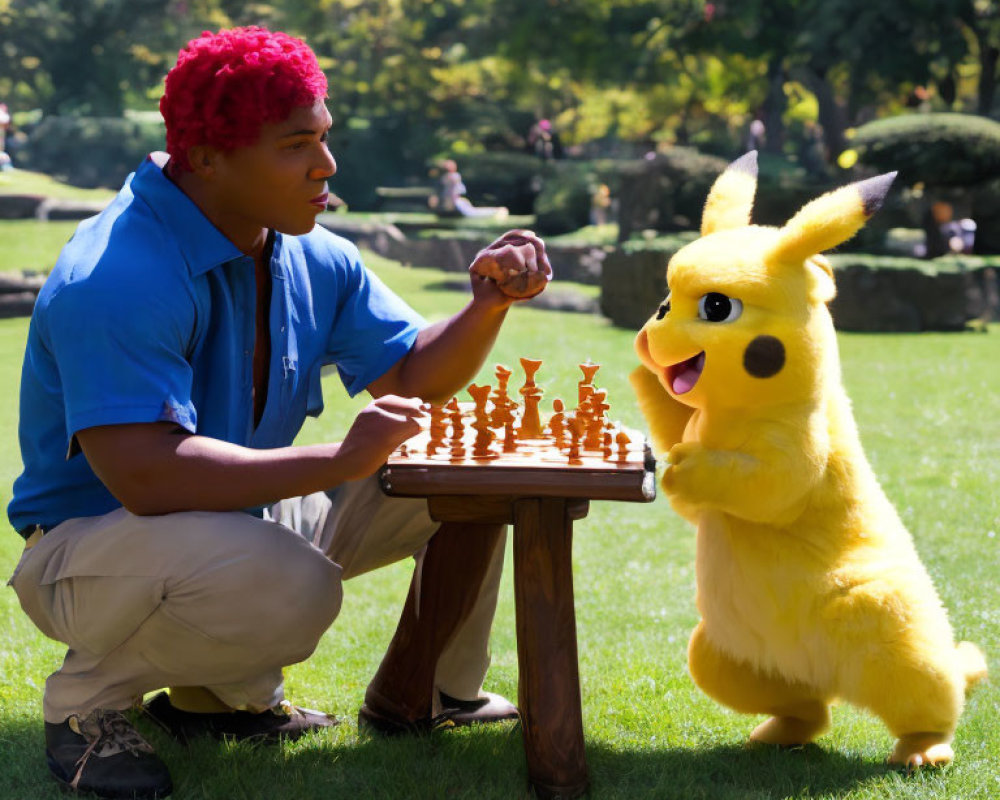 Red-Haired Person Playing Chess with Pikachu in Sunny Park