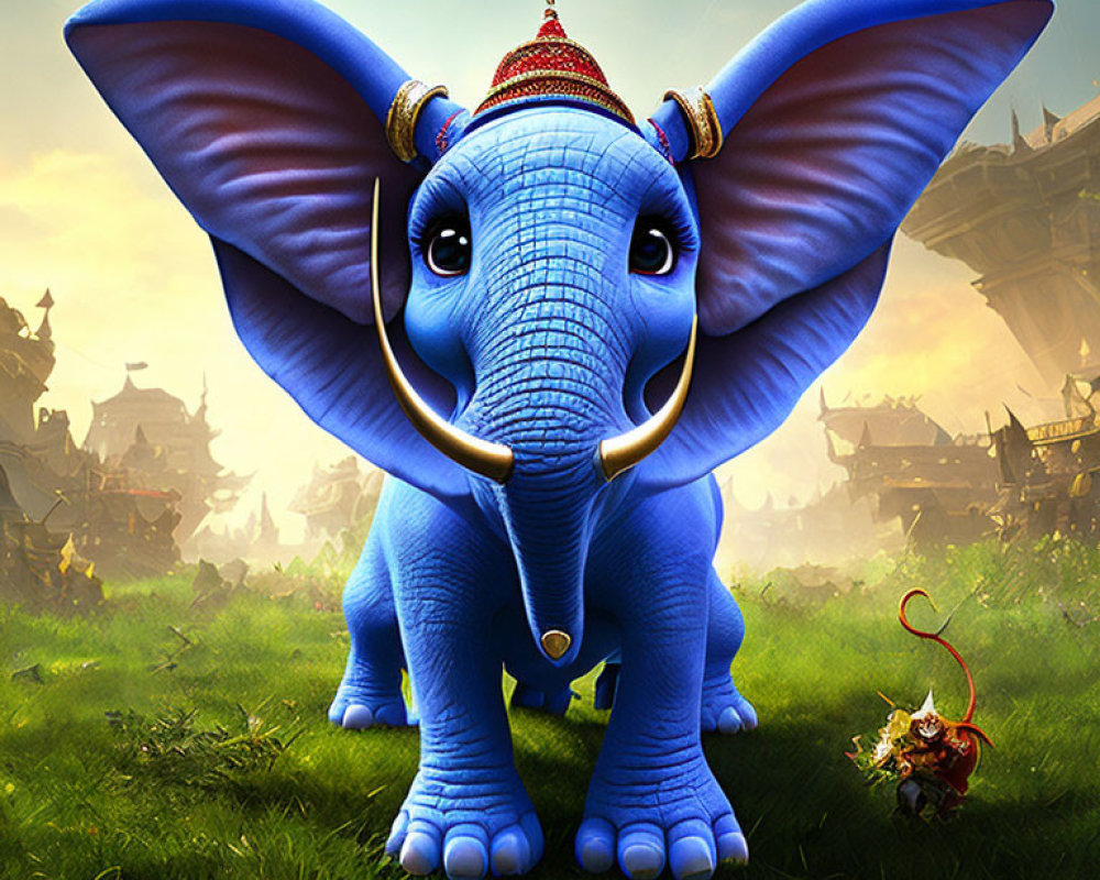 Whimsical blue elephant with crown and tiny warrior in image
