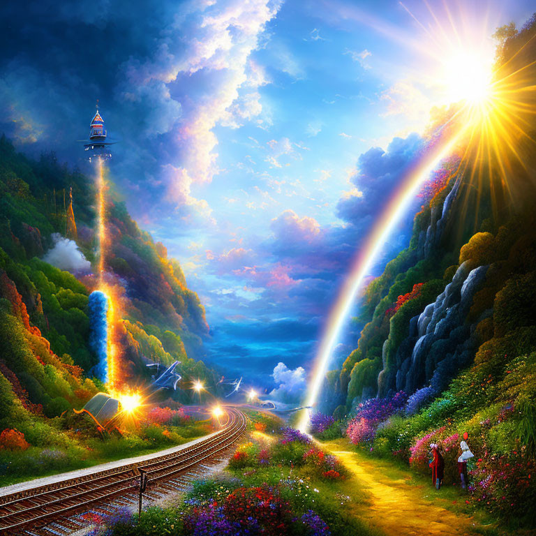 Vivid landscape with railroad tracks, tower, rainbow, waterfalls, and sun.