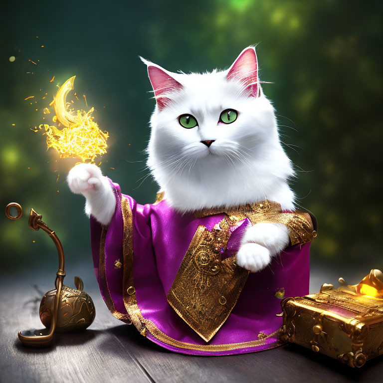 Fluffy white cat in purple robe with magical flame, golden treasure, and ornate lamp