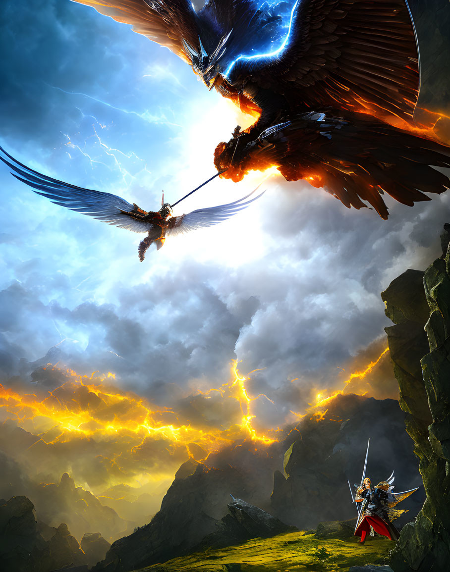 Warrior with sword on cliff watches fiery and ice-coated bird creatures clash in dramatic sky