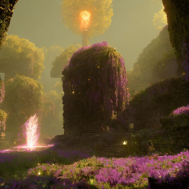 Fantasy landscape with glowing tree, ruins, and mystical orb