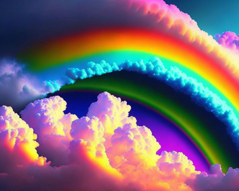 Colorful Double Rainbow Over Fluffy Clouds in Digital Art