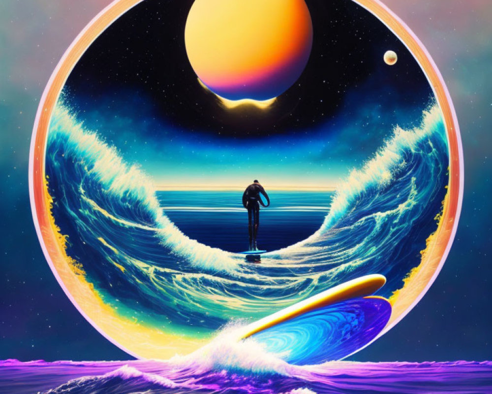 Person surfing cosmic wave in circular frame with celestial background.