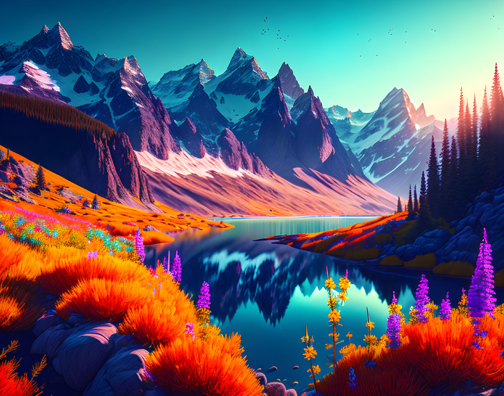 Digital artwork: Vibrant mountain landscape with lake, flora, and birds