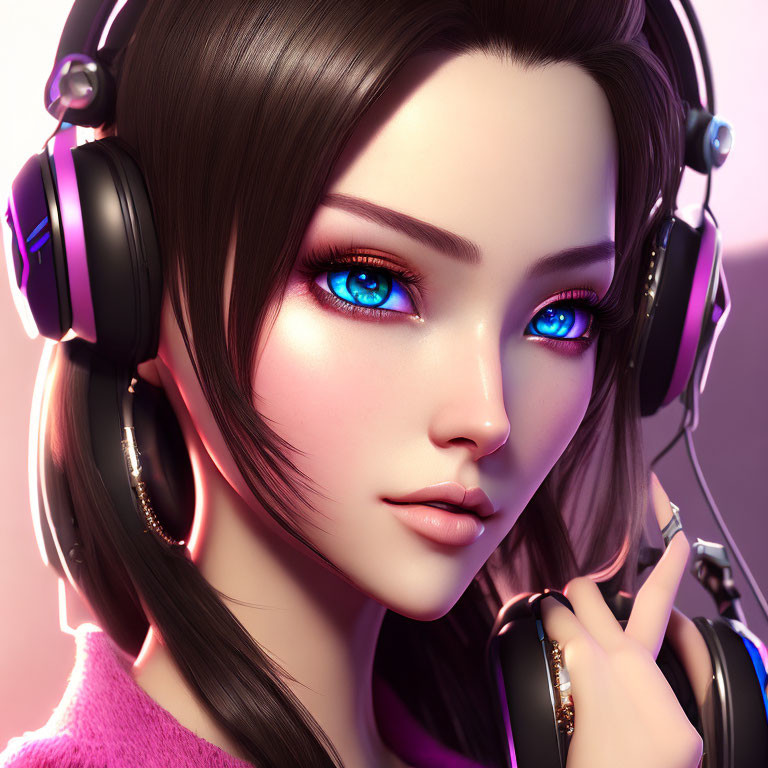 Vibrant blue-eyed woman in 3D with black headphones and pink top