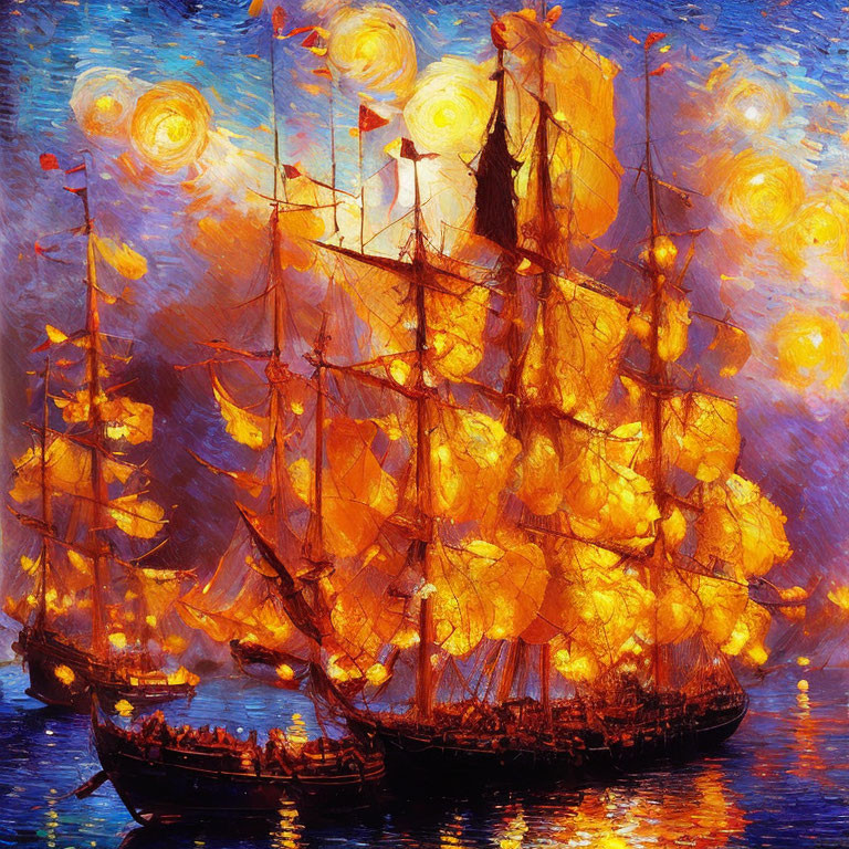 Vibrant impressionistic painting: sailing ship with orange sails in night sky
