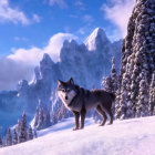 Siberian Husky in Snowy Landscape with Mountains