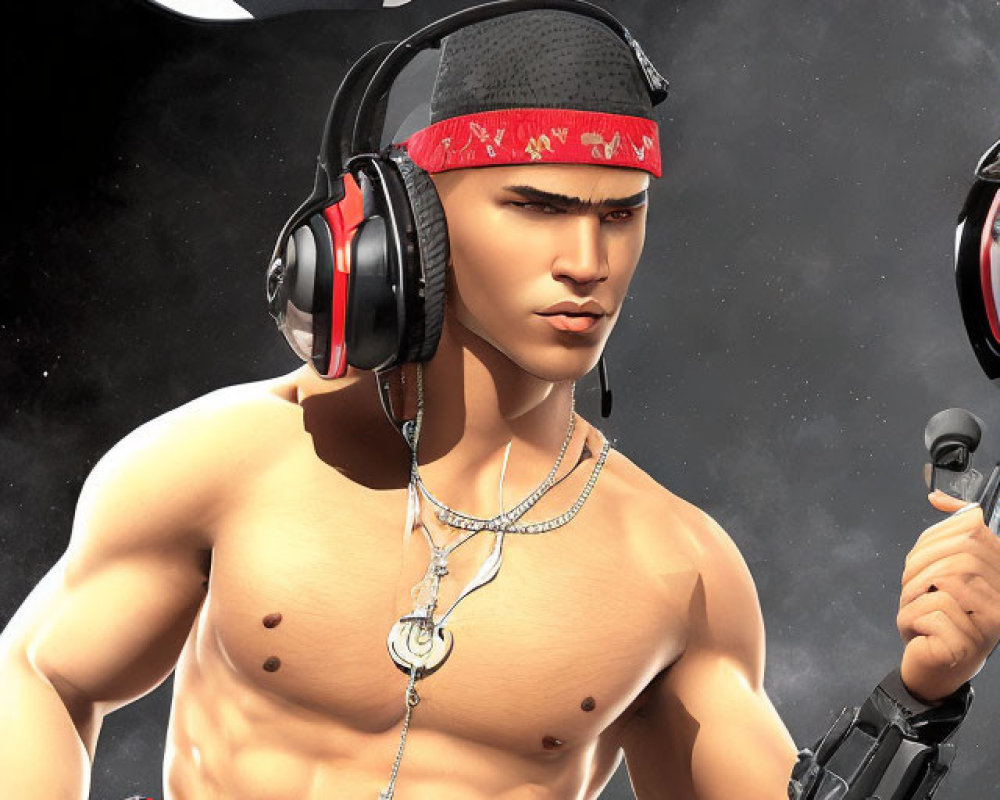 Muscular Shirtless Male Figure in Red Headband and Shorts Holding Microphone