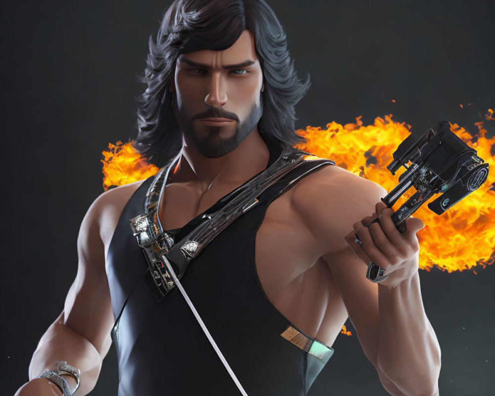 Muscular animated male character with long black hair holding futuristic gun in fiery backdrop