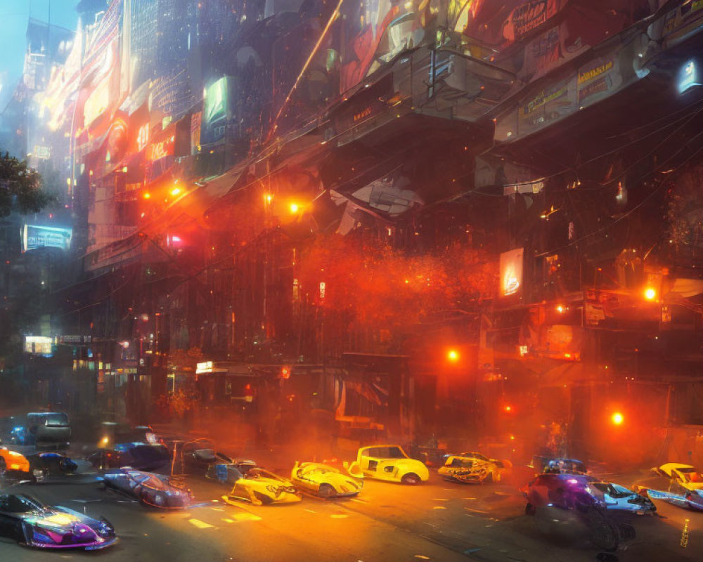 Futuristic neon-lit cityscape with flying vehicles and billboards