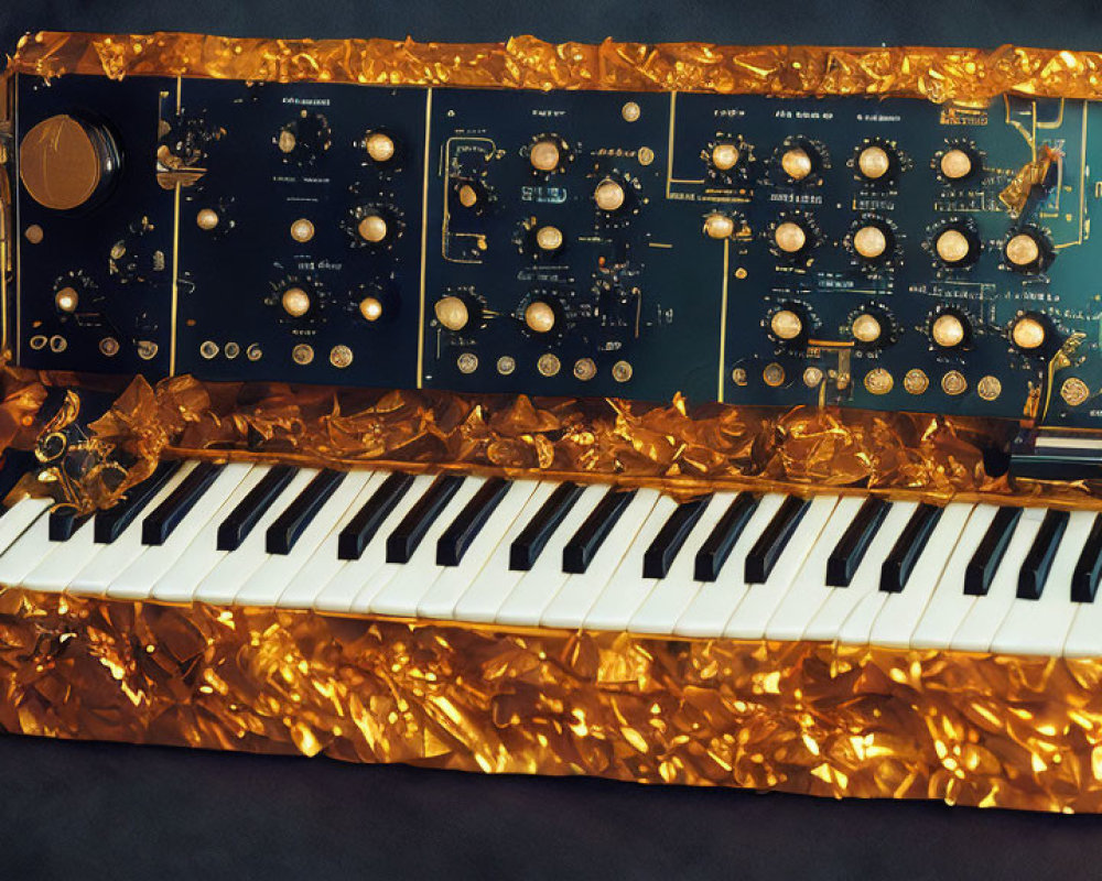 Black and Gold Synthesizer with Keyboard, Knobs, and Switches on Dark Surface