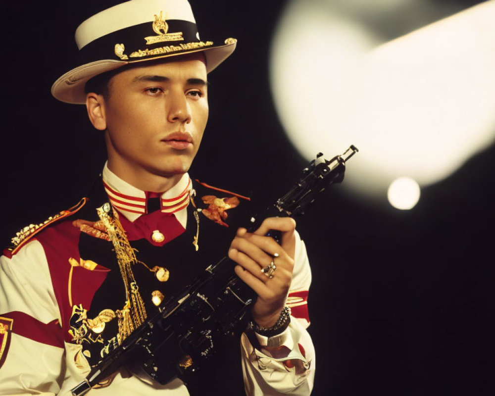 Person in ornate military uniform with white hat holding rifle in front of dark background with blurred light source