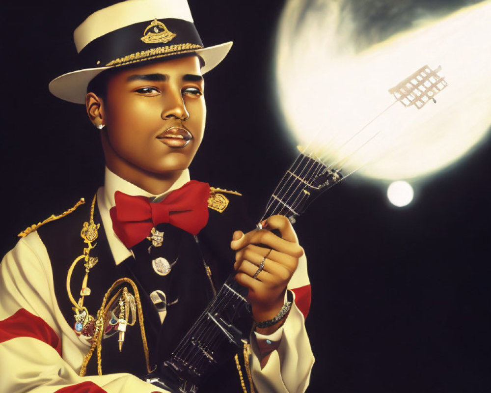 Man in ornate band uniform holding guitar next to comet-like light
