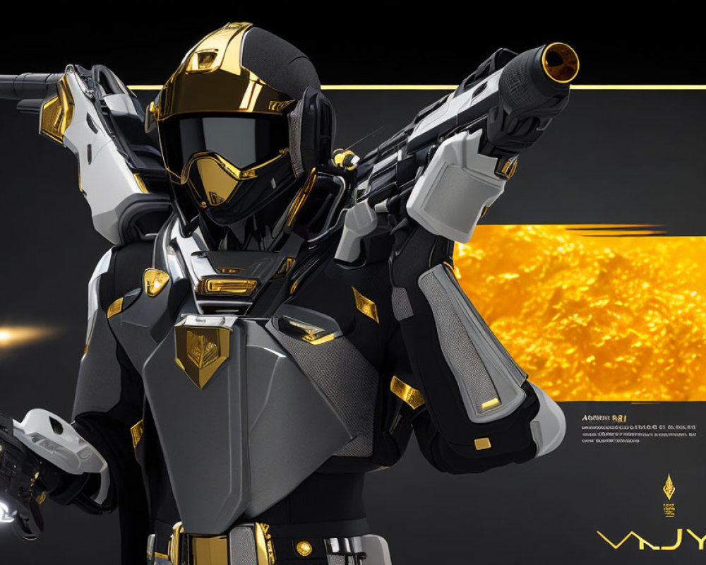 Futuristic robot in black and gold armor with gun, dynamic yellow lines and text graphics.