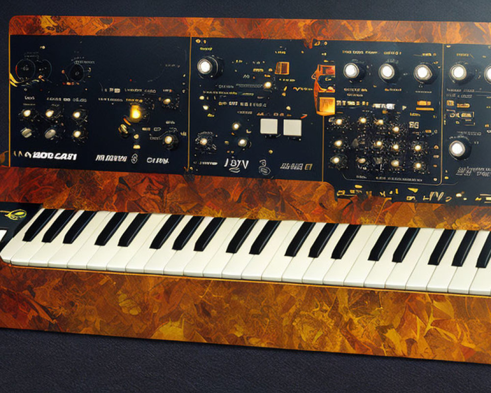 Vibrant Orange and Black Synthesizer with White Keys and Sound Control Functions