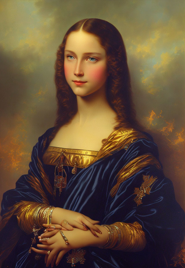 Woman Portrait in Blue Satin Dress with Golden Trim and Jewelry on Autumnal Background
