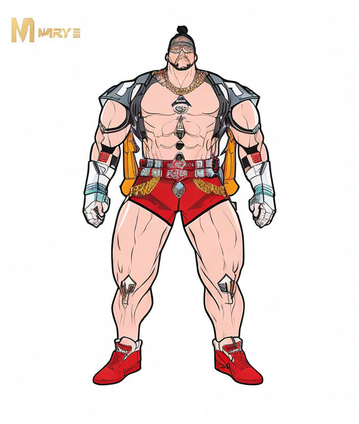 Muscular superhero with bearded face in red costume.