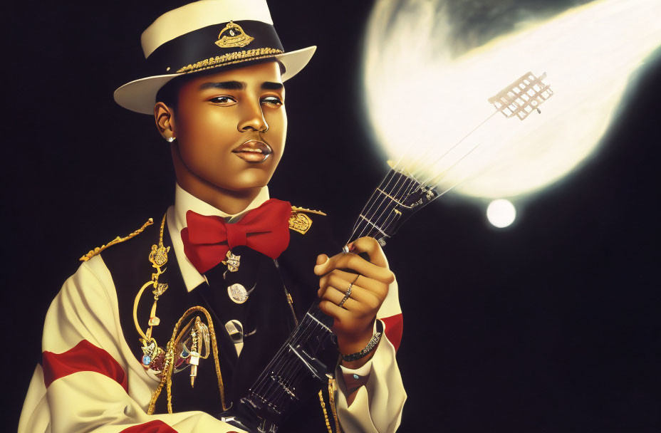 Man in ornate band uniform holding guitar next to comet-like light
