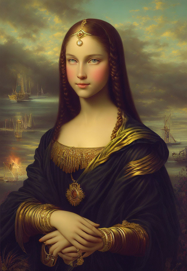 Digital artwork: Woman in Renaissance attire with golden accessories, sailing ships, sunset sky