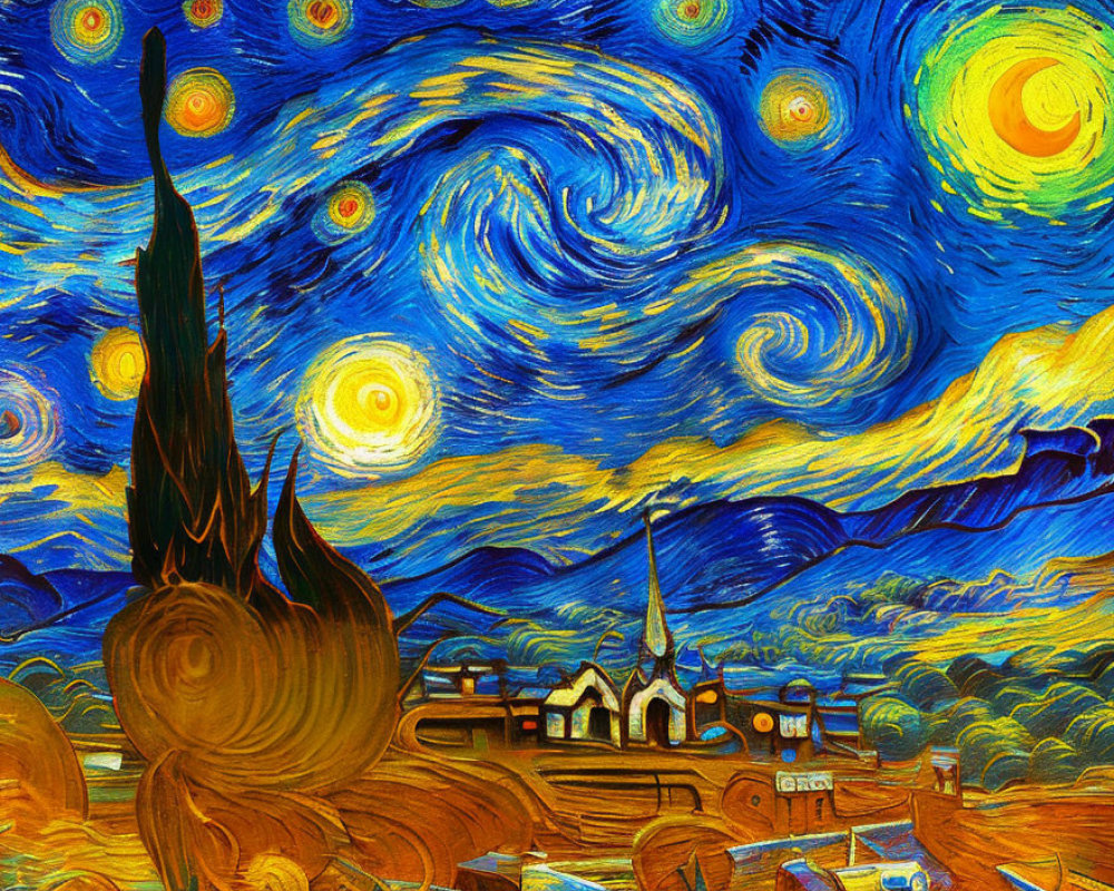 Starry night sky with crescent moon over village in post-impressionist style