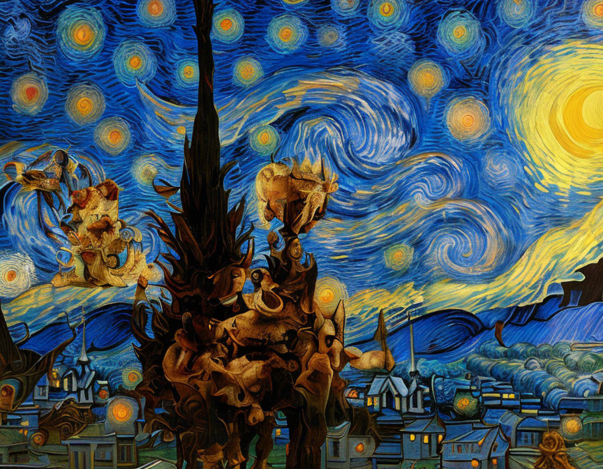 Night sky swirls in blue and yellow over small town with dark tree.