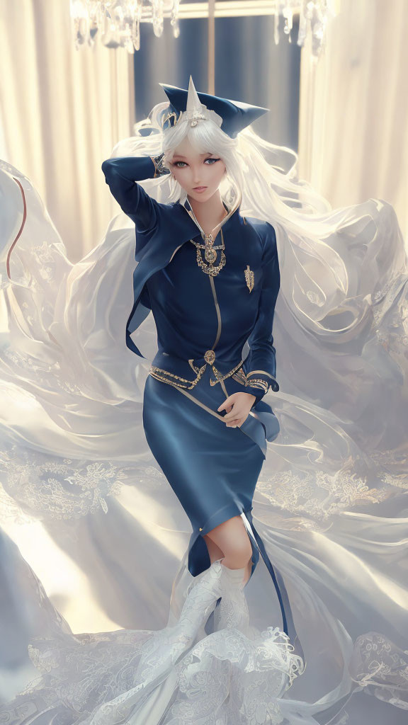 Illustrated character in elegant blue and white outfit with gold accents and ornate headpiece.