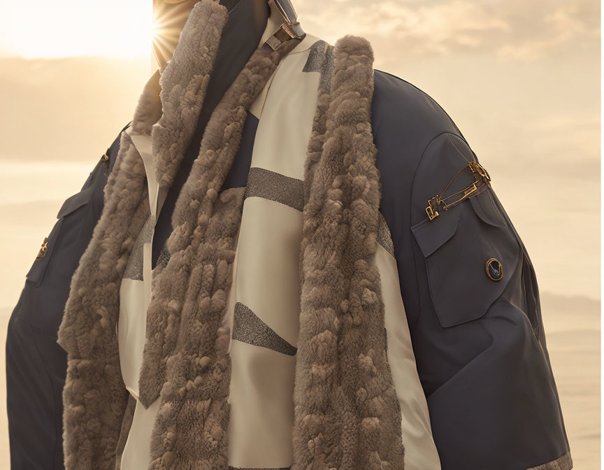 Luxury Jacket with Fur Lining and Reflective Stripes at Golden Sunset