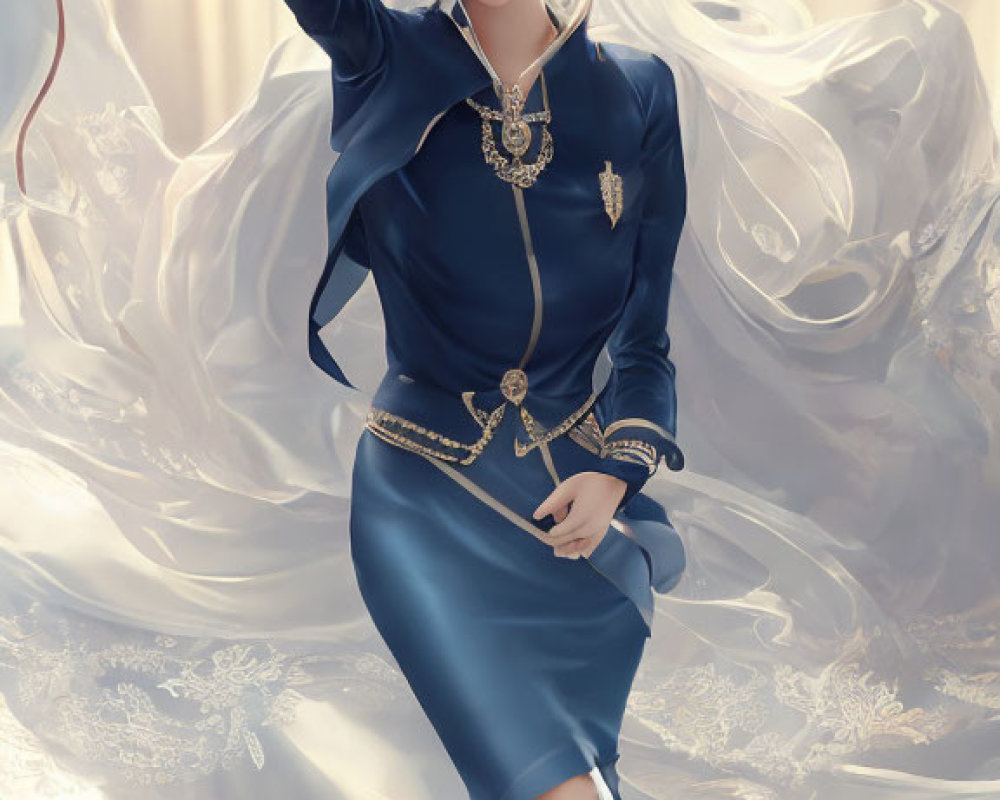 Illustrated character in elegant blue and white outfit with gold accents and ornate headpiece.
