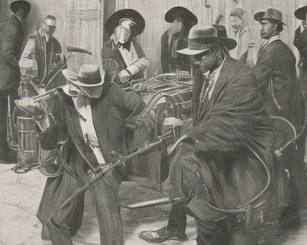 Monochrome early 20th-century men's attire illustration with trombone players in a crowded hallway