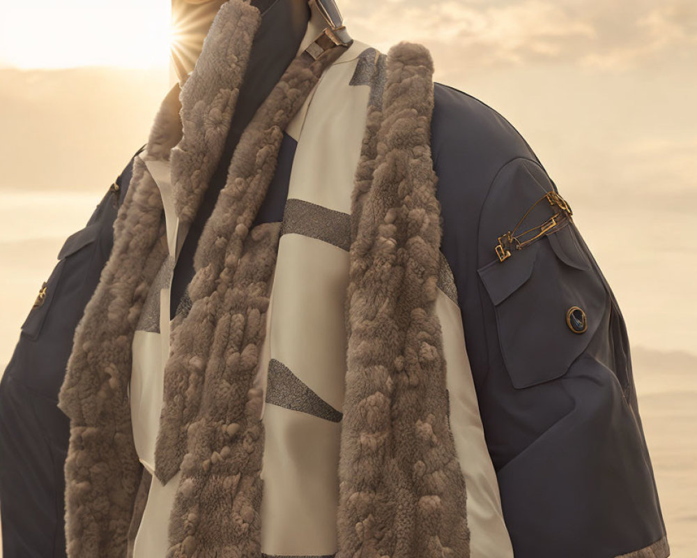 Luxury Jacket with Fur Lining and Reflective Stripes at Golden Sunset