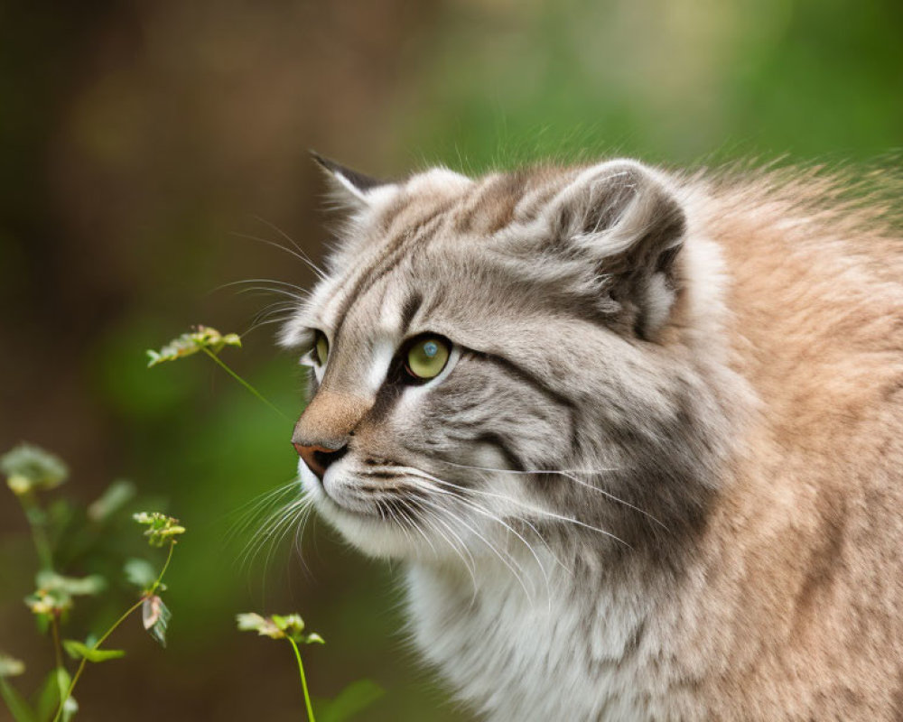 Close-up of serene lynx with tufted ears and intense eyes against blurred green background