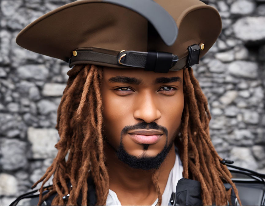 Man with Dreadlocks in Brown Pirate Hat and Black Head Strap Staring at Camera