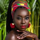 Colorful headscarf, gold jewelry, and bold makeup on regal woman against tropical backdrop