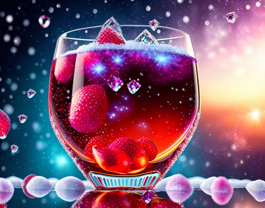 Colorful Illustration of Sparkling Red Beverage with Strawberries and Gemstones