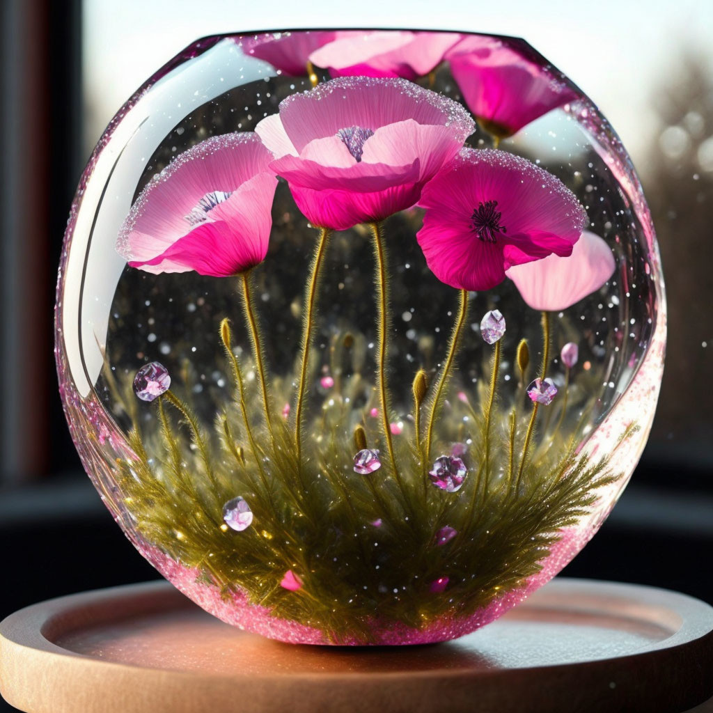 Vibrant 3D illusion of pink poppies in crystal ball on wooden stand