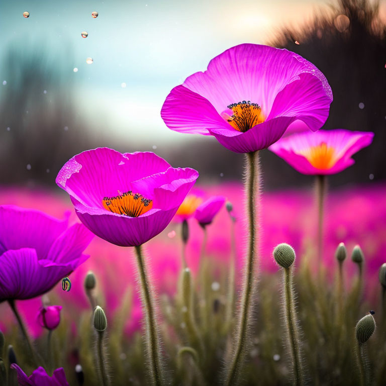 Vibrant purple poppies in pinkish field with water droplets and sunlight