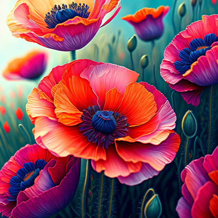 Detailed red and purple poppies illustration with vibrant colors and intricate petals.