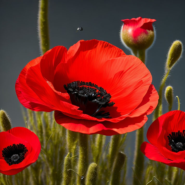 Vibrant red poppies with black centers on grey background, featuring a suspended water droplet.