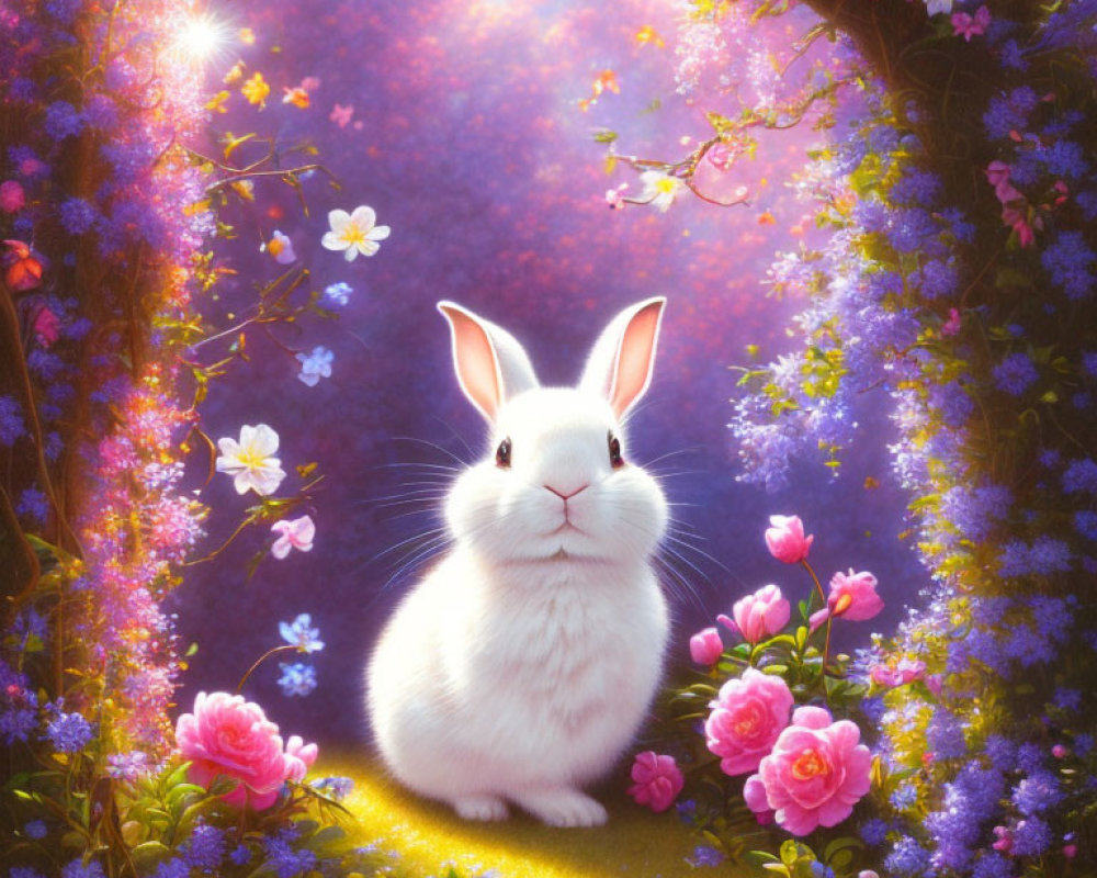 White Rabbit in Vibrant Magical Garden with Purple Hues and Blooming Flowers