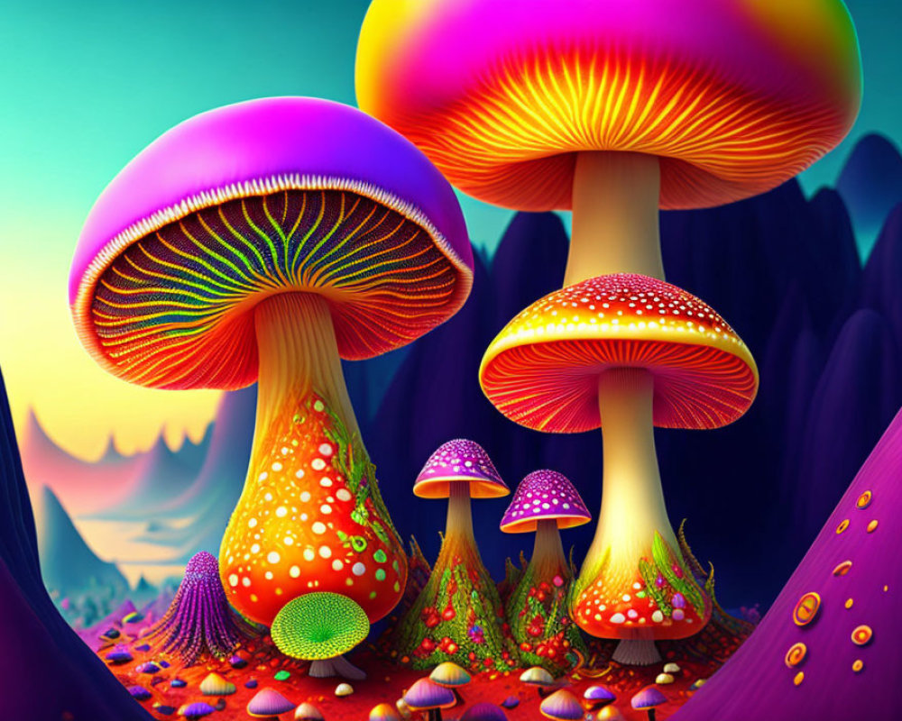 Colorful fantasy mushrooms in whimsical sunset landscape