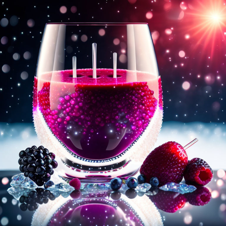 Sparkling Red Beverage with Berries and Bokeh Background