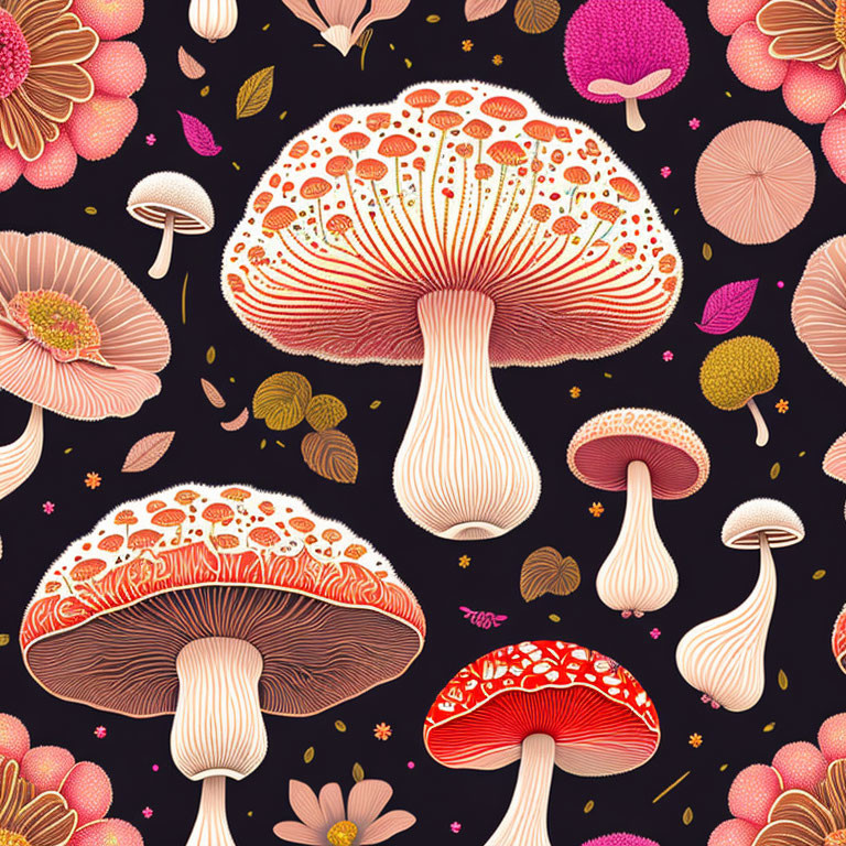 Vibrant Mushroom and Floral Illustration on Dark Background