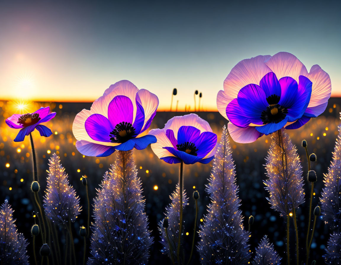 Blue and Purple Flowers in Sunset Landscape with Dewy Plants